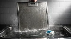 Clean your range hood filter fast with one dishwasher pod and hot water